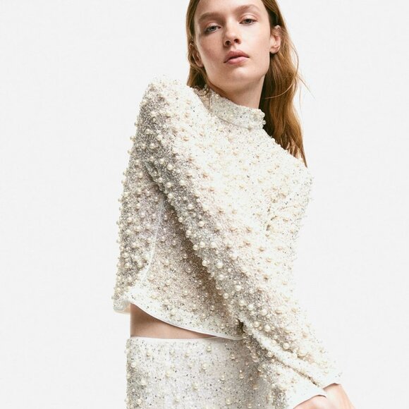 H&M Pearl & Crystal Embellished Top Size S - Picture 7 of 10
